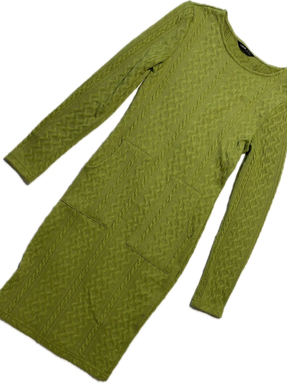 SHEIN Olive Cable-Knit Midi Dress with Patch Pockets